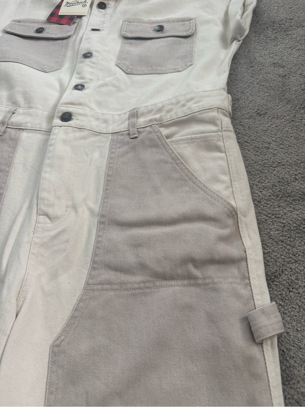 Woolrich women’s Cream and Light Taupe Two-Tone Button Down Denim Jumpsuit - Picture 5 of 13